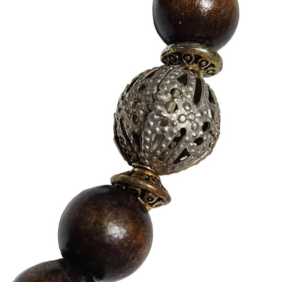 African Inspired Elephant Pendant Bracelet Wooden Metal Beads Statement Jewelry - Picture 3 of 5